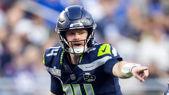 Feb 8, 2026; Santa Clara, CA, USA; Seattle Seahawks quarterback Sam Darnold (14) reacts against the New England Patriots during Super Bowl LX at Levi's Stadium. Mandatory Credit: Mark J. Rebilas-Imagn Images