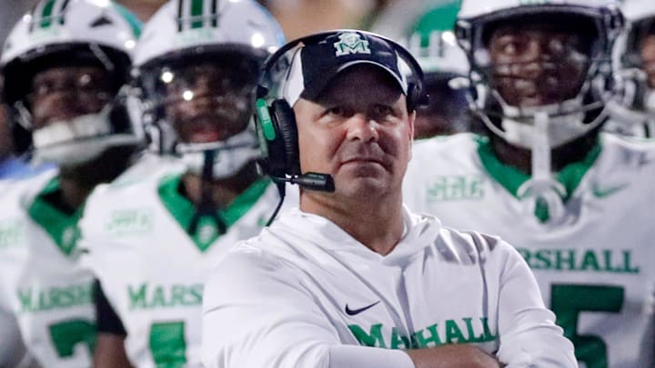 Marshall coach Tony Gibson on the sidelines during MTSU's Homecoming football game against Marshall on Saturday, Sept. 20, 2025.