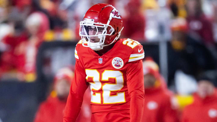 Jan 26, 2025; Kansas City, MO, USA; Kansas City Chiefs cornerback Trent McDuffie (22) against the Buffalo Bills in the AFC Championship game at GEHA Field at Arrowhead Stadium. Mandatory Credit: Mark J. Rebilas-Imagn Images