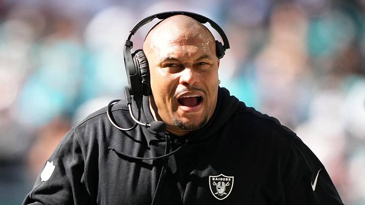 Nov 19, 2023; Miami Gardens, Florida, USA; Las Vegas Raiders head coach Antonio Pierce reacts during