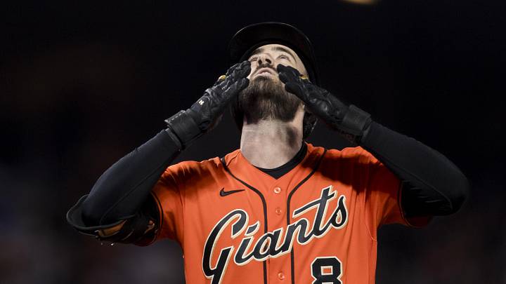 San Francisco, California, USA; San Francisco Giants designated hitter Bryce Eldridge (8) gestures as he runs the bases after hitting a solo home run against the Chicago Cubs during the ninth inning at Oracle Park. Mandatory Credit: John Hefti-Imagn Images San Francisco, California, USA; San Francisco Giants designated hitter Bryce Eldridge (8) gestures as he runs the bases after hitting a solo home run against the Chicago Cubs during the ninth inning at Oracle Park. Mandatory Credit: John Hefti-Imagn Images