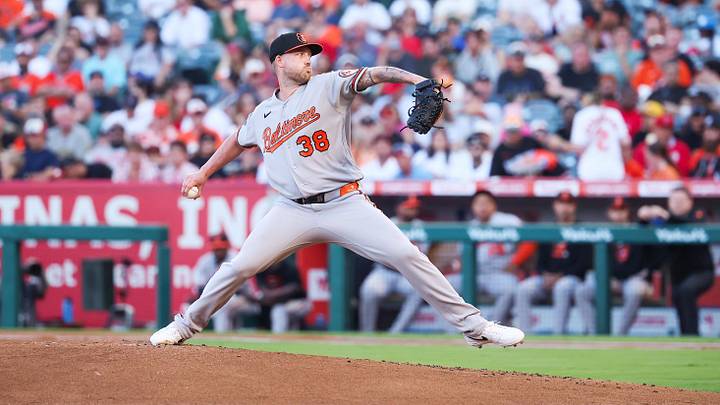 Jun 22, 2026; Anaheim, California, USA; Baltimore Orioles pitcher Kyle Bradish (38) pitches on the bottom of the second inning against the Los Angeles Angels at Angel Stadium. Mandatory Credit: William Navarro-Imagn Images Jun 22, 2026; Anaheim, California, USA; Baltimore Orioles pitcher Kyle Bradish (38) pitches on the bottom of the second inning against the Los Angeles Angels at Angel Stadium. Mandatory Credit: William Navarro-Imagn Images