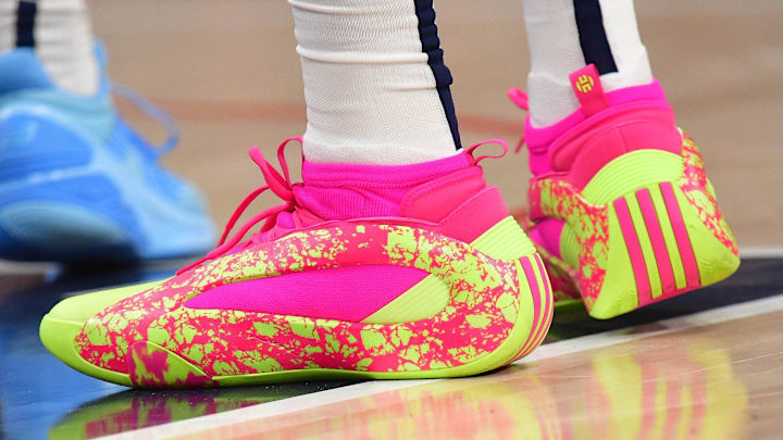 Dec 1, 2024; Inglewood, California, USA; The shoes of Los Angeles Clippers guard James Harden (1) pictured at Intuit Dome.