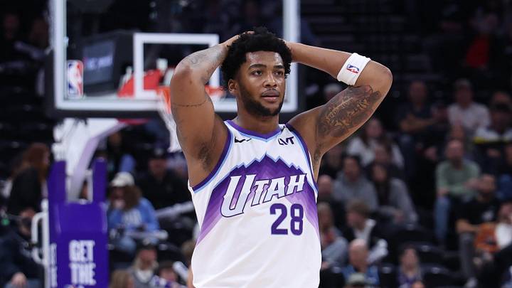 Jan 27, 2026; Salt Lake City, Utah, USA; Utah Jazz forward Brice Sensabaugh (28) reacts after a play against the LA Clippers during the second half at Delta Center. Mandatory Credit: Rob Gray-Imagn Images