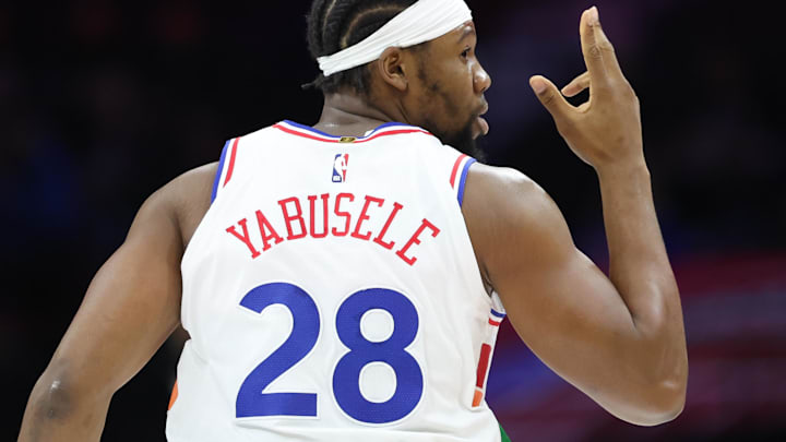 Mar 26, 2025; Philadelphia, Pennsylvania, USA; Philadelphia 76ers forward Guerschon Yabusele (28) reacts to his three pointer against the Washington Wizards during the first quarter at Wells Fargo Center. Mandatory Credit: Bill Streicher-Imagn Images