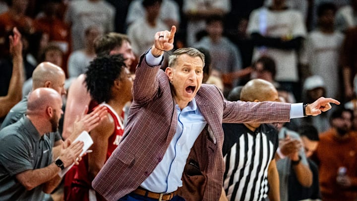 Alabama Crimson Tide head coach Nate Oats yells to his team in the second half as the Texas Longhorns take on the Crimson Tide at the Moody Center, Feb. 11, 2025.