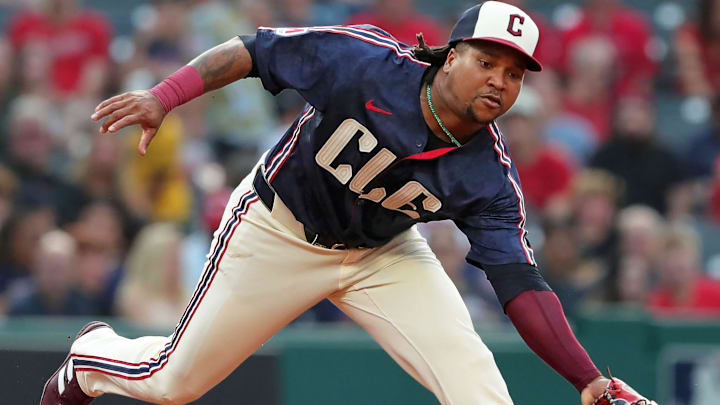 Cleveland Guardians third baseman Jose Ramirez fields a ground ball hit by Seattle Mariners outfielder Julio Rodríguez (44) during the fourth inning of an MLB game at Progressive Field, Tuesday, June 18, 2024, in Cleveland, Ohio.
