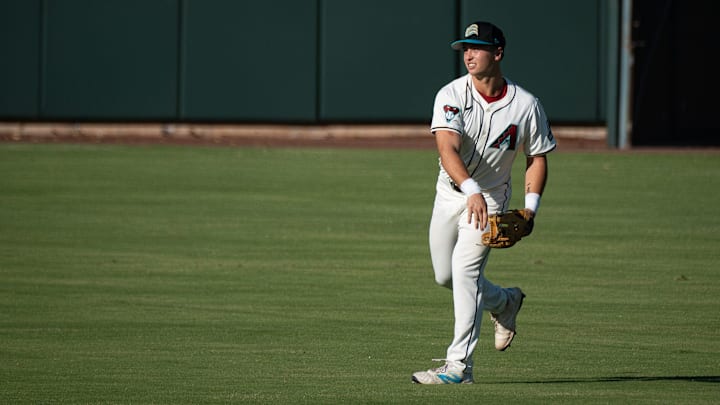 Second baseman, Tommy Troy takes the field during batting practice at Arizona Fall League media day at Scottsdale Stadium on Oct. 4, 2024, in Scottsdale, Arizona.