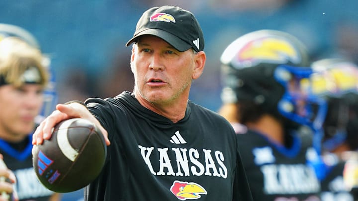 Sep 13, 2024; Kansas City, Kansas, USA; Kansas Jayhawks head coach Lance Leipold during warmups prior to a game against the UNLV Rebels at Children's Mercy Park.