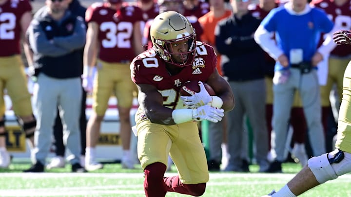 Nov 11, 2023; Chestnut Hill, Massachusetts, USA; Boston College Eagles running back Alex Broome (20) runs the ball against the Virginia Tech Hokies during the first half at Alumni Stadium. Mandatory Credit: Eric Canha-Imagn Images