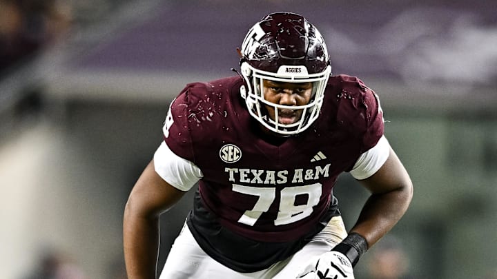 Nov 11, 2023; College Station, Texas, USA; Texas A&M Aggies offensive lineman Dametrious Crownover (78) in action during the second half against the Mississippi State Bulldogs at Kyle Field. Mandatory Credit: Maria Lysaker-Imagn Images Nov 11, 2023; College Station, Texas, USA; Texas A&M Aggies offensive lineman Dametrious Crownover (78) in action during the second half against the Mississippi State Bulldogs at Kyle Field. Mandatory Credit: Maria Lysaker-Imagn Images
