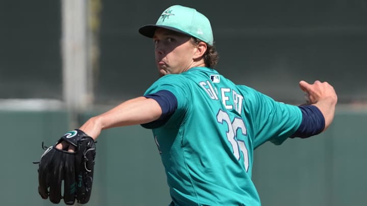 Seattle Mariners pitcher Logan Gilbert throws in a spring training game against the San Francisco Giants on March 15 at Scottsdale Stadium.
