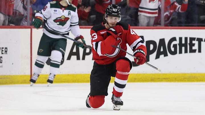 Mar 31, 2025; Newark, New Jersey, USA; New Jersey Devils defenseman Luke Hughes (43) celebrates his goal against the Minnesota Wild during the first period at Prudential Center. Mandatory Credit: Ed Mulholland-Imagn Images