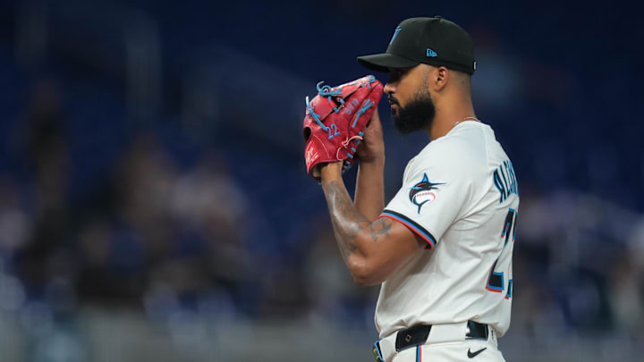 Jun 3, 2025; Miami, Florida, USA; Miami Marlins starting pitcher Sandy Alcantara (22) pitches against the Colorado Rockies during the sixth inning at loanDepot Park. Mandatory Credit: Sam Navarro-Imagn Images