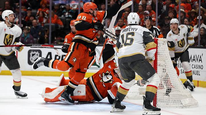 May 14, 2026; Anaheim, California, USA; Anaheim Ducks defenseman Pavel Mintyukov (98) clears the puck with his hand during the first period against the Vegas Golden Knights in game six of the second round of the 2026 Stanley Cup Playoffs at Honda Center. Mandatory Credit: Kiyoshi Mio-Imagn Images May 14, 2026; Anaheim, California, USA; Anaheim Ducks defenseman Pavel Mintyukov (98) clears the puck with his hand during the first period against the Vegas Golden Knights in game six of the second round of the 2026 Stanley Cup Playoffs at Honda Center. Mandatory Credit: Kiyoshi Mio-Imagn Images