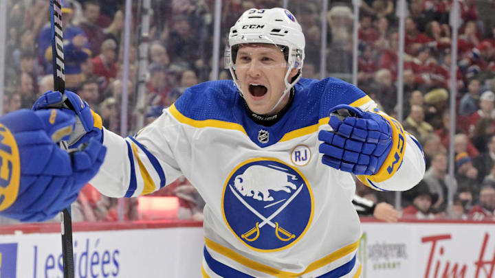 Jan 4, 2024; Montreal, Quebec, CAN; Buffalo Sabres forward Jeff Skinner (53) celebrates after the
