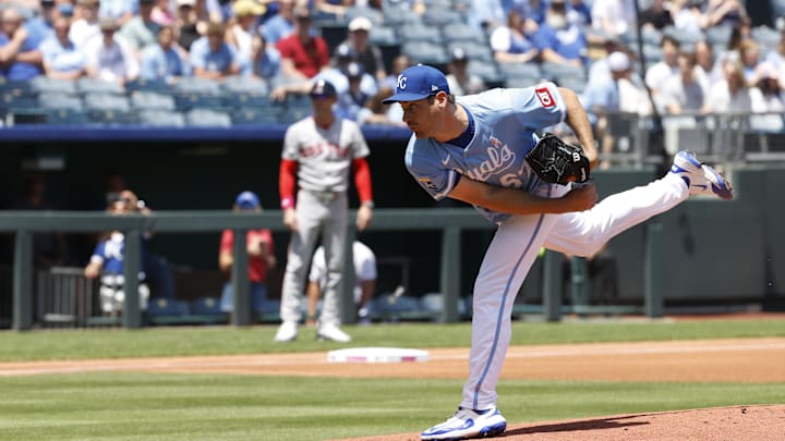 May 11, 2025; Kansas City, Missouri, USA; Kansas City Royals pitcher Seth Lugo (67) pitches in the first inning against the Boston Red Sox at Kauffman Stadium. Mandatory Credit: Gary Rohman-Imagn Images