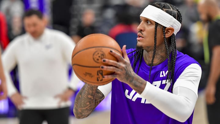 Utah Jazz guard Jordan Clarkson warms up before the game against the Washington Wizards. Mandatory Credit: Peter Creveling-Imagn Images