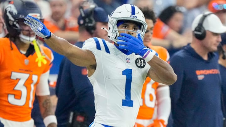 Indianapolis Colts wide receiver Josh Downs (1) celebrates a first down Sunday, Sept. 14, 2025, during a game against the Denver Broncos at Lucas Oil Stadium in Indianapolis. Indianapolis Colts wide receiver Josh Downs (1) celebrates a first down Sunday, Sept. 14, 2025, during a game against the Denver Broncos at Lucas Oil Stadium in Indianapolis.