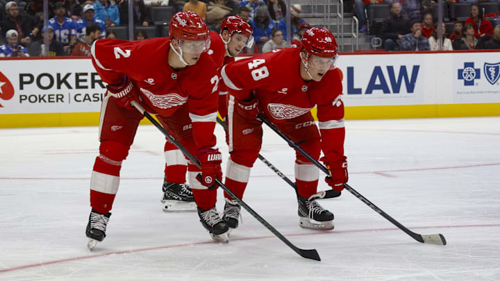 Oct 27, 2024; Detroit, Michigan, USA; Detroit Red Wings defenseman Olli Maatta (2) and right wing Jonatan Berggren (48) look on during a face off in the first period of the game at Little Caesars Arena. Mandatory Credit: Brian Bradshaw Sevald-Imagn Images