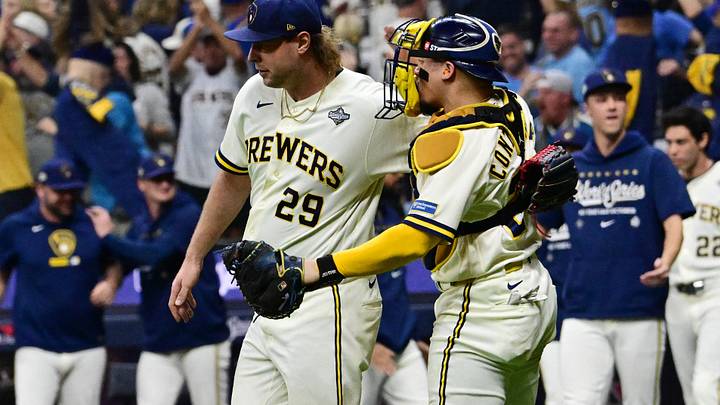 Oct 23, 2026; Milwaukee, Wisconsin, USA; Milwaukee Brewers pitcher Trevor Megill (29) and catcher William Contreras (24) celebrate after defeating the Tampa Bay Rays in game one of the 2026 World Series at American Family Field. Mandatory Credit: Benny Sieu-Imagn Images Oct 23, 2026; Milwaukee, Wisconsin, USA; Milwaukee Brewers pitcher Trevor Megill (29) and catcher William Contreras (24) celebrate after defeating the Tampa Bay Rays in game one of the 2026 World Series at American Family Field. Mandatory Credit: Benny Sieu-Imagn Images