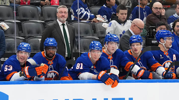 Mar 17, 2026; Toronto, Ontario, CAN; New York Islanders head coach Patrick Roy watches the play against the Toronto Maple Leafs during the third period at Scotiabank Arena. Mandatory Credit: Nick Turchiaro-Imagn Images