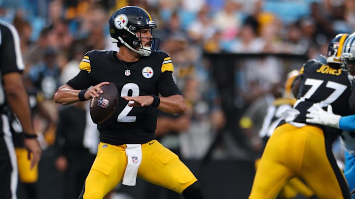  Aug 21, 2025; Charlotte, North Carolina, USA;  Pittsburgh Steelers quarterback Mason Rudolph (2) sets up to throw the ball down field during the 1st quarter against the Carolina Panthers at Bank of America Stadium. Mandatory Credit: Allison Lawhon-Imagn Images