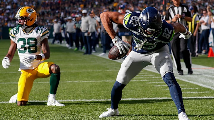 Seattle Seahawks wide receiver Cody White (82) spikes the ball after scoring a touchdown against the Green Bay Packers during their final preseason game on Saturday, August 23, 2025, at Lambeau Field in Green Bay, Wis. The Packers won the game, 20-7.
Tork Mason/USA TODAY NETWORK-Wisconsin