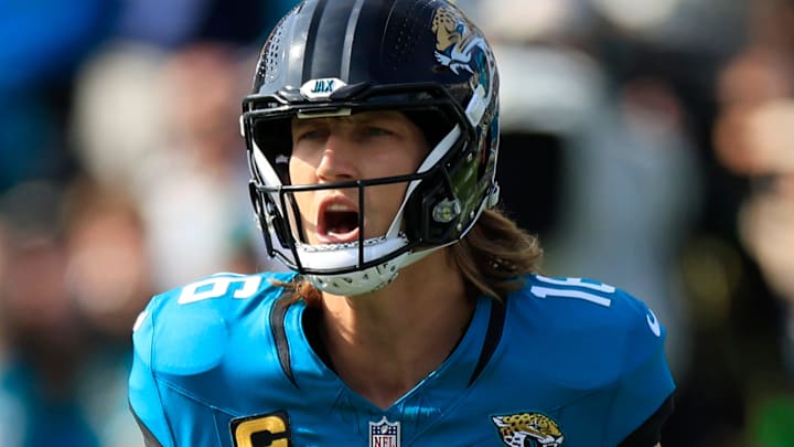 Jacksonville Jaguars quarterback Trevor Lawrence (16) reacts to a false start during the first quarter of an NFL football AFC Wild Card playoff matchup, Sunday, Jan. 11, 2026, in Jacksonville, Fla. The Bills defeated the Jaguars 27-24.