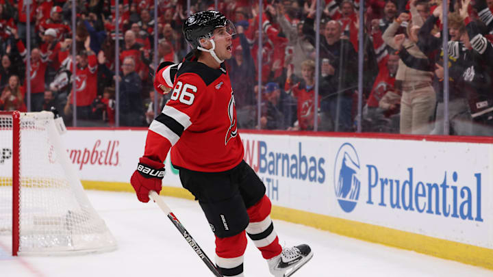 Oct 24, 2025; Newark, New Jersey, USA; New Jersey Devils center Jack Hughes (86) celebrates his game winning goal against the Colorado Avalanche in overtime at Prudential Center. Mandatory Credit: Ed Mulholland-Imagn Images