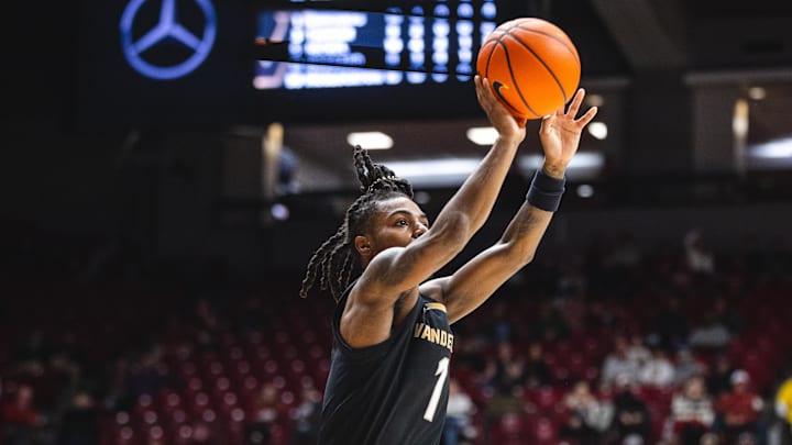 Jan 21, 2025; Tuscaloosa, Alabama, USA; Vanderbilt Commodores guard Jason Edwards (1) shoots against the Alabama Crimson Tide during the second half at Coleman Coliseum. Mandatory Credit: Will McLelland-Imagn Images