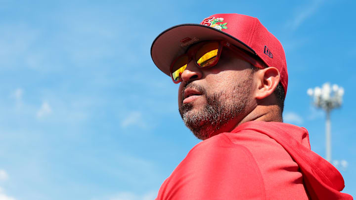 Feb 27, 2026; Jupiter, Florida, USA; St. Louis Cardinals manager Oliver Marmol (37) looks on from the dugout before the game against the New York Mets at Roger Dean Chevrolet Stadium. Mandatory Credit: Sam Navarro-Imagn Images Feb 27, 2026; Jupiter, Florida, USA; St. Louis Cardinals manager Oliver Marmol (37) looks on from the dugout before the game against the New York Mets at Roger Dean Chevrolet Stadium. Mandatory Credit: Sam Navarro-Imagn Images