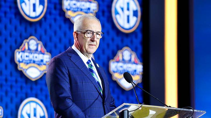 Jul 20, 2026; Tampa, FL, USA; SEC Commissioner Greg Sankey speaks to the press during SEC Football Kickoff Media Day at the Tampa Marriott. Mandatory Credit: Nathan Ray Seebeck-Imagn Images Jul 20, 2026; Tampa, FL, USA; SEC Commissioner Greg Sankey speaks to the press during SEC Football Kickoff Media Day at the Tampa Marriott. Mandatory Credit: Nathan Ray Seebeck-Imagn Images