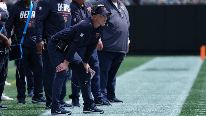 Sep 13, 2026; Charlotte, North Carolina, USA;  Chicago Bears head coach Ben Johnson looks on from the sideline in the second quarter against the Carolina Panthers at Bank of America Stadium.  Mandatory Credit: Jim Dedmon-Imagn Images