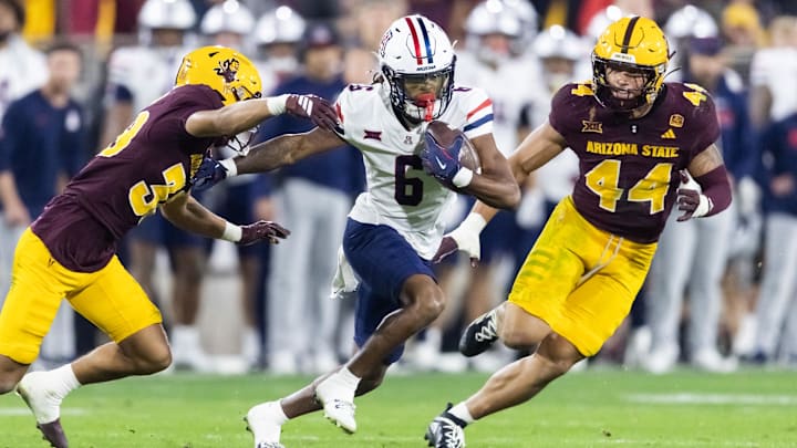 Nov 28, 2025; Tempe, Arizona, USA; Arizona Wildcats wide receiver Javin Whatley (6) against the Arizona State Sun Devils in the second half during the 99th Territorial Cup at Mountain America Stadium. Mandatory Credit: Mark J. Rebilas-Imagn Images