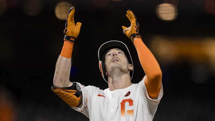 Sep 3, 2024; San Francisco, California, USA;  San Francisco Giants right fielder Mike Yastrzemski (5) gestures as he runs the bases after hitting a solo home run against the Arizona Diamondbacks during the eighth inning at Oracle Park.
