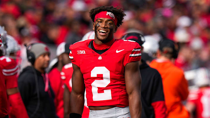 Ohio State Buckeyes safety Caleb Downs (2) smiles during the second half at Ohio Stadium on Saturday, Nov. 9, 2024 in Columbus, Ohio. Ohio State Buckeyes safety Caleb Downs (2) smiles during the second half at Ohio Stadium on Saturday, Nov. 9, 2024 in Columbus, Ohio.