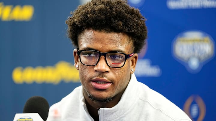 Ohio State Buckeyes safety Caleb Downs speaks during the Cotton Bowl Media Day.