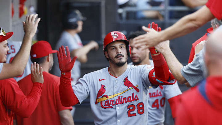 Jun 19, 2025; Chicago, Illinois, USA; St. Louis Cardinals third baseman Nolan Arenado (28) celebrates with teammates in the dugout after hitting a solo home run against the Chicago White Sox during the third inning of game two of a doubleheader at Rate Field. Mandatory Credit: Kamil Krzaczynski-Imagn Images Jun 19, 2025; Chicago, Illinois, USA; St. Louis Cardinals third baseman Nolan Arenado (28) celebrates with teammates in the dugout after hitting a solo home run against the Chicago White Sox during the third inning of game two of a doubleheader at Rate Field. Mandatory Credit: Kamil Krzaczynski-Imagn Images