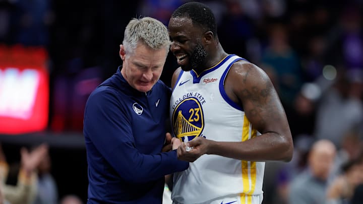 Golden State Warriors forward Draymond Green (23) talks with head coach Steve Kerr during the fourth quarter against the Sacramento Kings at Golden 1 Center. Mandatory Credit: Sergio Estrada-Imagn Images
