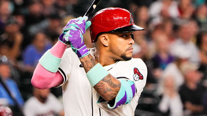 Sep 1, 2025; Phoenix, Arizona, USA; Arizona Diamondbacks second base Ketel Marte (4) at bat in the first inning during the game between the Texas Rangers and Arizona Diamondbacks at Chase Field. Mandatory Credit: Arianna Grainey-Imagn Images Sep 1, 2025; Phoenix, Arizona, USA; Arizona Diamondbacks second base Ketel Marte (4) at bat in the first inning during the game between the Texas Rangers and Arizona Diamondbacks at Chase Field. Mandatory Credit: Arianna Grainey-Imagn Images