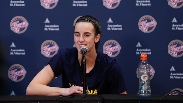 May 14, 2024; Uncasville, Connecticut, USA; Indiana Fever guard Caitlin Clark (22) talks to the media before the start of the game against the Connecticut Sun at Mohegan Sun Arena. Mandatory Credit: David Butler II-Imagn Images