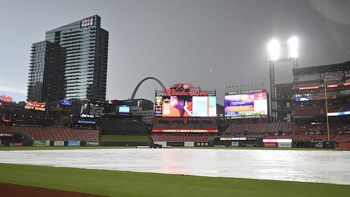 Jun 30, 2023; St. Louis, Missouri, USA; A general view of Busch Stadium during a rain delay prior to the game between the St. Louis Cardinals and the New York Yankees at Busch Stadium. Mandatory Credit: Joe Puetz-Imagn Images Jun 30, 2023; St. Louis, Missouri, USA; A general view of Busch Stadium during a rain delay prior to the game between the St. Louis Cardinals and the New York Yankees at Busch Stadium. Mandatory Credit: Joe Puetz-Imagn Images