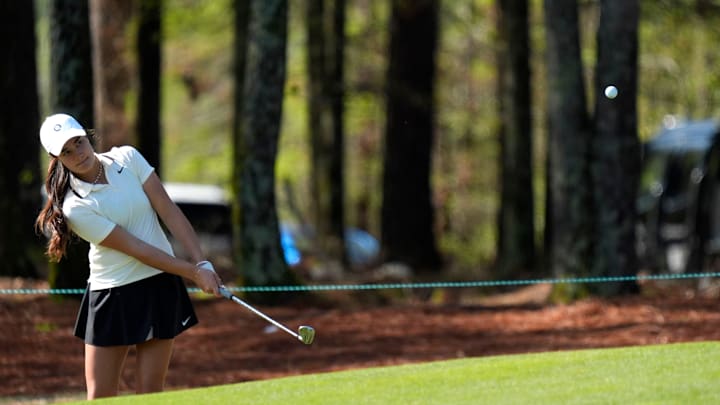 Apr 1, 2025; Evans, Georgia, USA; Kiara Romero, Calif., chips onto No. nine green during the practice round of the Augusta National Women's Amateur at Champions Retreat. Mandatory Credit: Katie Goodale - Augusta Chronicle/USA TODAY NETWORK