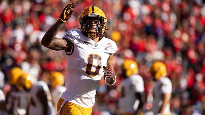 Arizona State Sun Devils wide receiver Jordyn Tyson celebrates a touchdown against the Arizona Wildcats.