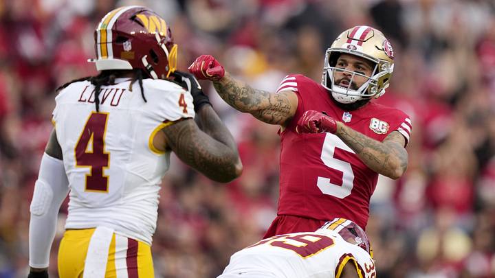 Oct 19, 2026; Santa Clara, California, USA;  San Francisco 49ers wide receiver Mike Evans (5) celebrates a first down during the first quarter against the Washington Commanders at Levi's Stadium.  Mandatory Credit: Kyle Terada-Imagn Images