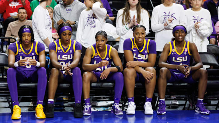 Jan 19, 2025; Gainesville, Florida, USA; LSU Tigers forward Sa'Myah Smith (5), LSU Tigers guard Aneesah Morrow (24), LSU Tigers guard Shayeann Day-Wilson (50), LSU Tigers guard Mikaylah Williams (12) and LSU Tigers guard Flau'Jae Johnson (4) wait to be introduced before a game against the Florida Gators at Exactech Arena at the Stephen C. O'Connell Center. Mandatory Credit: Matt Pendleton-Imagn Images Jan 19, 2025; Gainesville, Florida, USA; LSU Tigers forward Sa'Myah Smith (5), LSU Tigers guard Aneesah Morrow (24), LSU Tigers guard Shayeann Day-Wilson (50), LSU Tigers guard Mikaylah Williams (12) and LSU Tigers guard Flau'Jae Johnson (4) wait to be introduced before a game against the Florida Gators at Exactech Arena at the Stephen C. O'Connell Center. Mandatory Credit: Matt Pendleton-Imagn Images