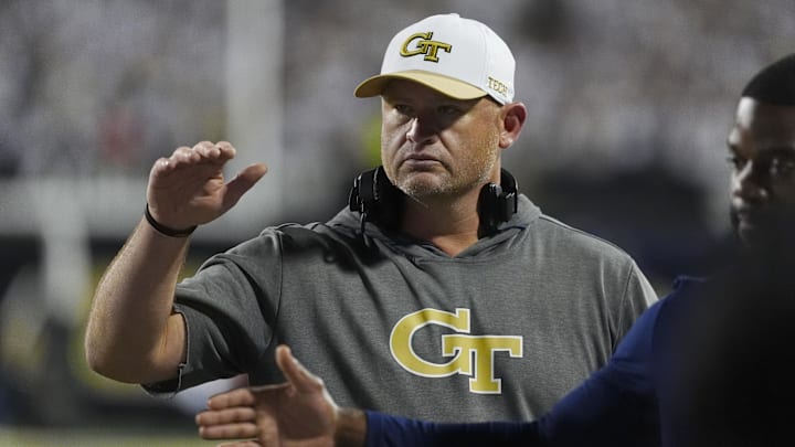 Aug 29, 2025; Boulder, Colorado, USA; Georgia Tech Yellow Jackets head coach Brent Key following the game winning touchdown by quarterback Haynes King (10) (not pictured) in the fourth quarter against the Colorado Buffaloes at Folsom Field. Mandatory Credit: Ron Chenoy-Imagn Images Aug 29, 2025; Boulder, Colorado, USA; Georgia Tech Yellow Jackets head coach Brent Key following the game winning touchdown by quarterback Haynes King (10) (not pictured) in the fourth quarter against the Colorado Buffaloes at Folsom Field. Mandatory Credit: Ron Chenoy-Imagn Images
