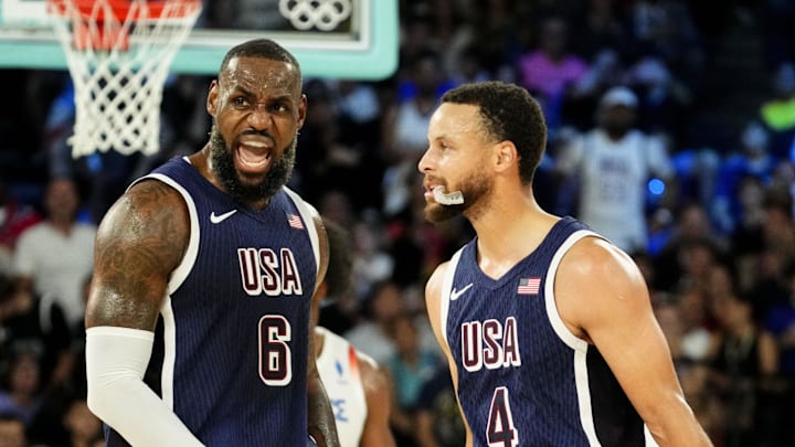 United States forward LeBron James (6) and guard Stephen Curry (4) during the Paris 2024 Olympic Summer Games at Accor Arena. 