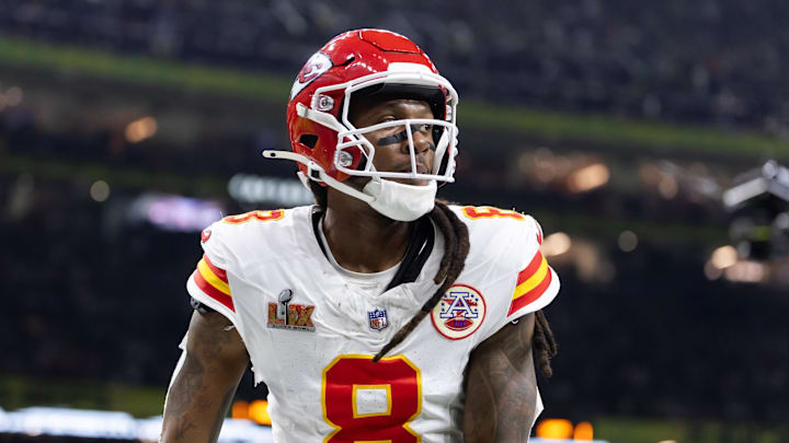 Feb 9, 2025; New Orleans, LA, USA;  Kansas City Chiefs wide receiver DeAndre Hopkins (8) against the Philadelphia Eagles in Super Bowl LIX at Ceasars Superdome. Mandatory Credit: Mark J. Rebilas-Imagn Images